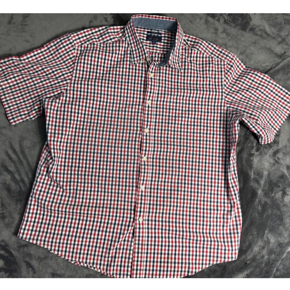 Mason James Mens XL Red Navy Blue Gingham Plaid Stretch Short Sleeve Button Down